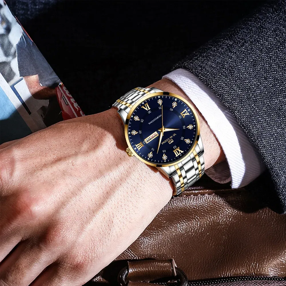 Color: BRONZE - Top Brand Men Watch Stainless Steel Top Quailty Luxury Push Button Hidden Clasp Waterproof Luminous Date Week Sport Wrist Watch