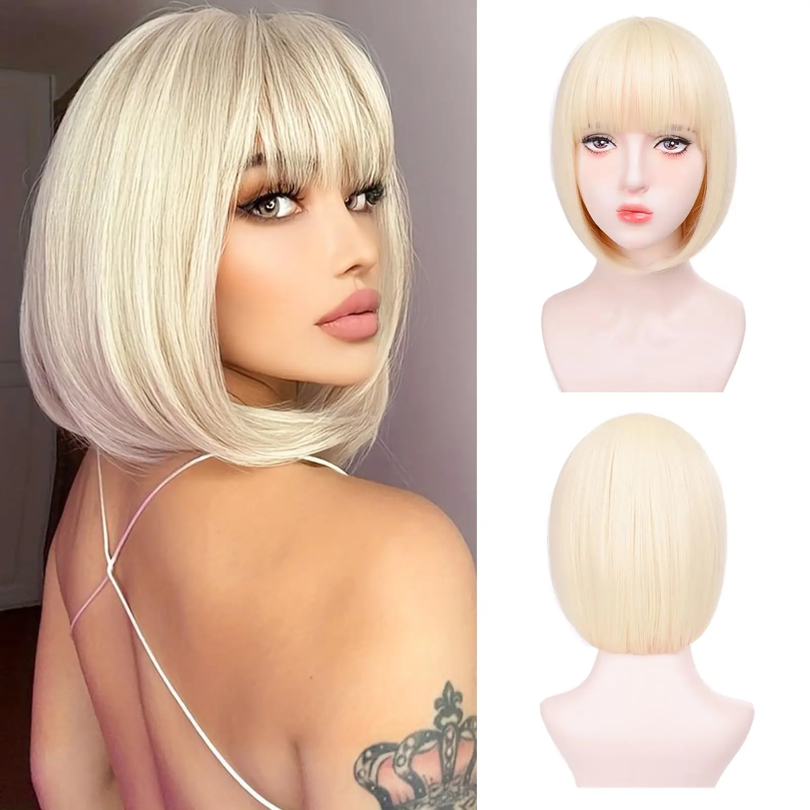 Color: #613 - Light golden synthetic wig with big waves for Halloween party, cosplay wig, everyday wig, high-temperature hair silk wig set