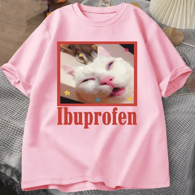 Color: Pink, Size: S - Ibuprofen Cat Meme Tshirt Funny Cat Graphic Tee Cute Cat Lover Cotton T-Shirt Casual Funny T Shirts Unisex Oversized Tshirt Tee