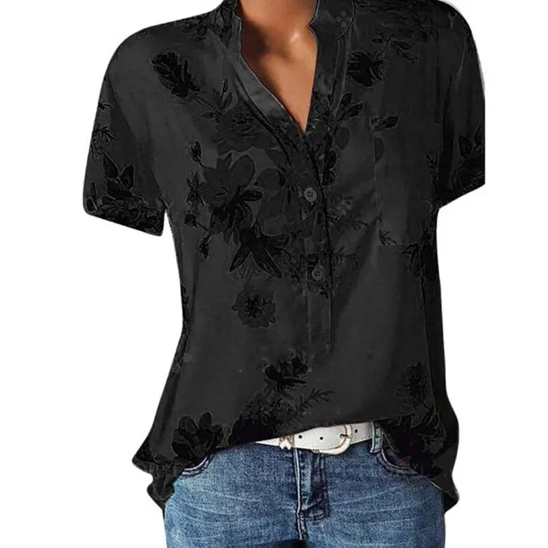 Color: PURPLE, Size: M - Temperament new women's shirt printing large size casual shirt loose V-neck short-sleeved shirt blouse