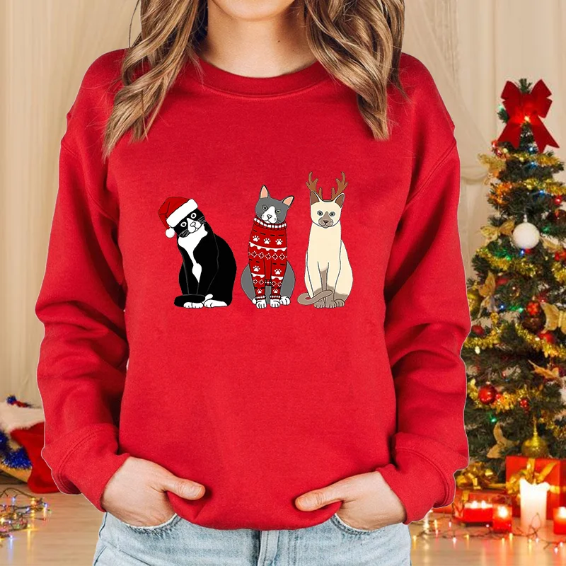 Color: GRAY, Size: M - New fashion women's Christmas cat sweater long-sleeved round neck pullover sweater fall and winter Christmas women's tops