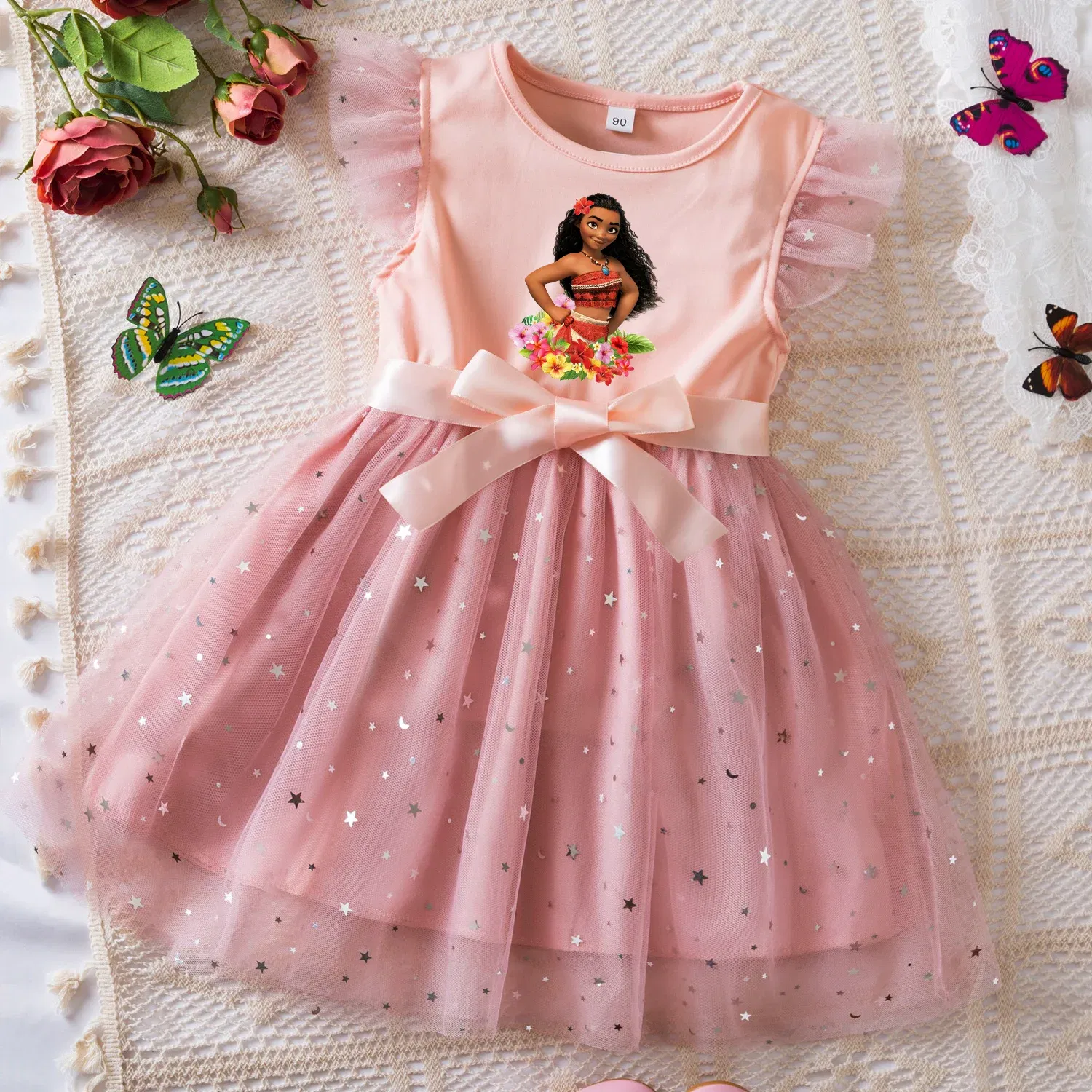 Color: Khaki, Size: L - Moana Summer Toddler Girl Dress Princess Star Baby Girls Clothes Tulle Tutu Dress for Children Party Dress 2-6Y