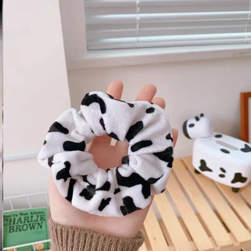 Color: Lavender - Cow Pattern Black and White Scrunchies Autumn Winter Plush Hair Ties Korean Cute Fashion Hair Ribbons Girls Hair Accessorie
