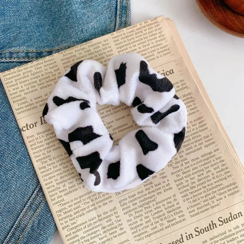 Color: Lavender - Cow Pattern Black and White Scrunchies Autumn Winter Plush Hair Ties Korean Cute Fashion Hair Ribbons Girls Hair Accessorie