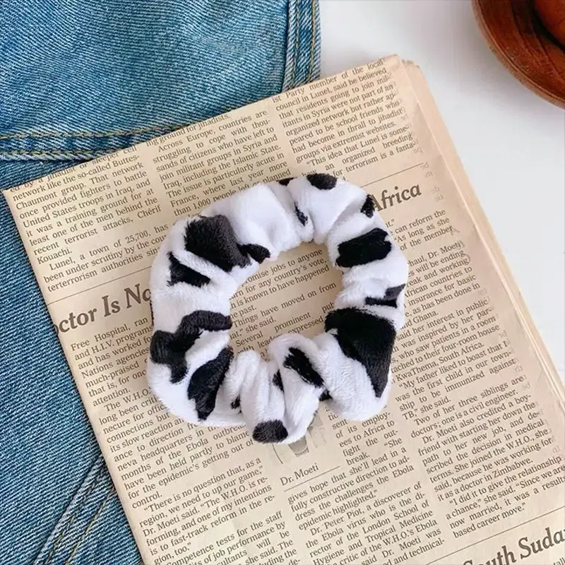Color: Lavender - Cow Pattern Black and White Scrunchies Autumn Winter Plush Hair Ties Korean Cute Fashion Hair Ribbons Girls Hair Accessorie