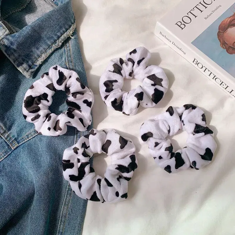 Color: Lavender - Cow Pattern Black and White Scrunchies Autumn Winter Plush Hair Ties Korean Cute Fashion Hair Ribbons Girls Hair Accessorie
