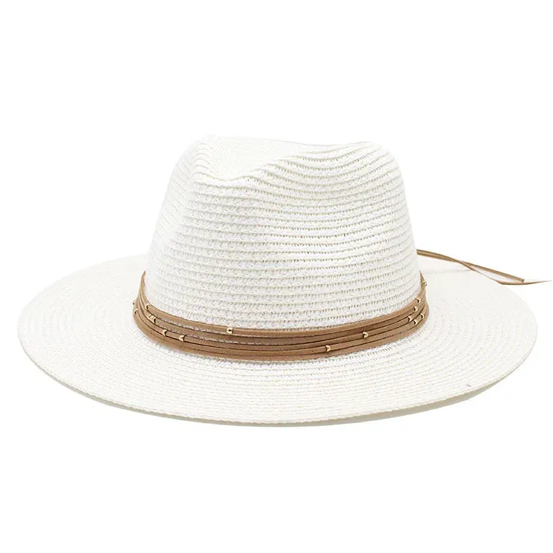 Color: WHITE, Size: L - Big Size 60CM New Straw Hat 7cm Brim Summer Cooling Beach Sun Hat Outdoor Party Panama Jazz Hat Sombreros De Mujer