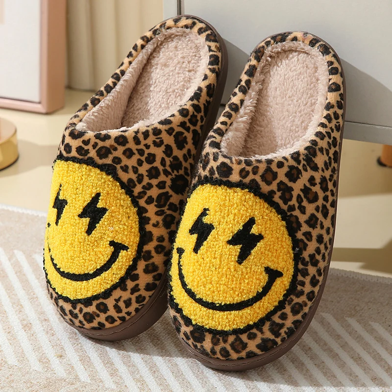 Color: WHITE, Shoe Size: 37 - Leopard Print Winter Slippers Women Lightning Smile Face Fluffy Fur Slippers Woman Indoor Anti-slip Furry Couple Cotton Slides