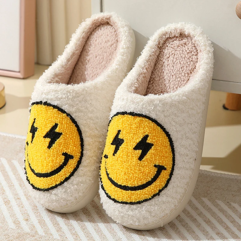 Color: WHITE, Shoe Size: 37 - Leopard Print Winter Slippers Women Lightning Smile Face Fluffy Fur Slippers Woman Indoor Anti-slip Furry Couple Cotton Slides