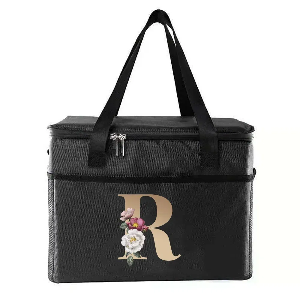 Color: Red - Thermal Bag Portable Lunch Bags Insulated Cooler Bag Food Bento Bags Printing Gold Letter Series Travel Picnic Storage Ice Bags