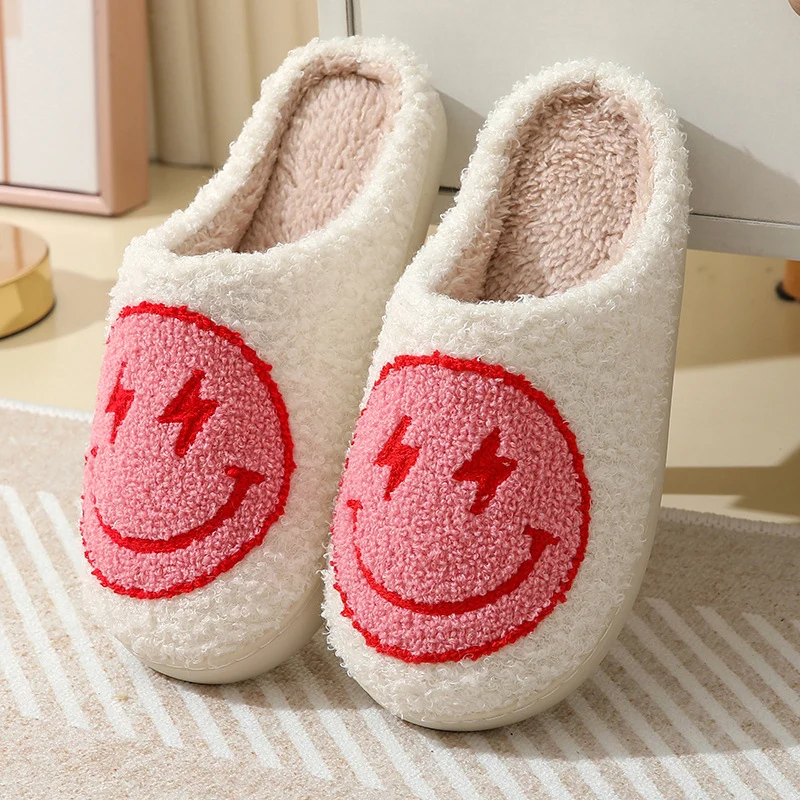 Color: Beige, Shoe Size: 41 - Leopard Print Winter Slippers Women Lightning Smile Face Fluffy Fur Slippers Woman Indoor Anti-slip Furry Couple Cotton Slides