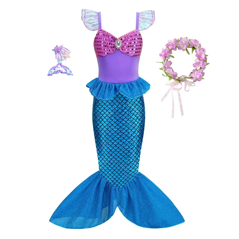 Color: army green, Kid Size: 12 - Disney Little Mermaid Ariel Costumes for Girls Princess Dress Cosplay Halloween Carnival Kids Birthday Party Dress Up Clothing