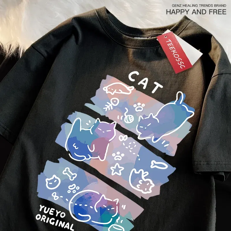 Color: Dark Grey, Size: S - Fun Mischievous Cat Print Japanese Style T-Shirts Men Women Fashion Tshirs Breathable Summer T-Shirts Cotton Loose Tee Clothes