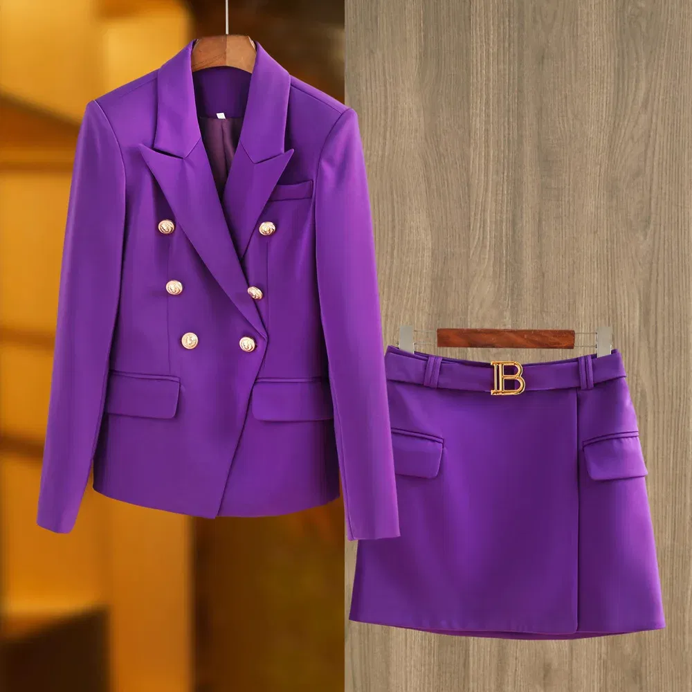 Color: PURPLE, Size: L, Ships From: CN - New Arrival Elegant Style Lady Office Work Suit Double-breasted Long Sleeve Fitted Blazer A-line Pencil Mini Skirt Women 2Pcs