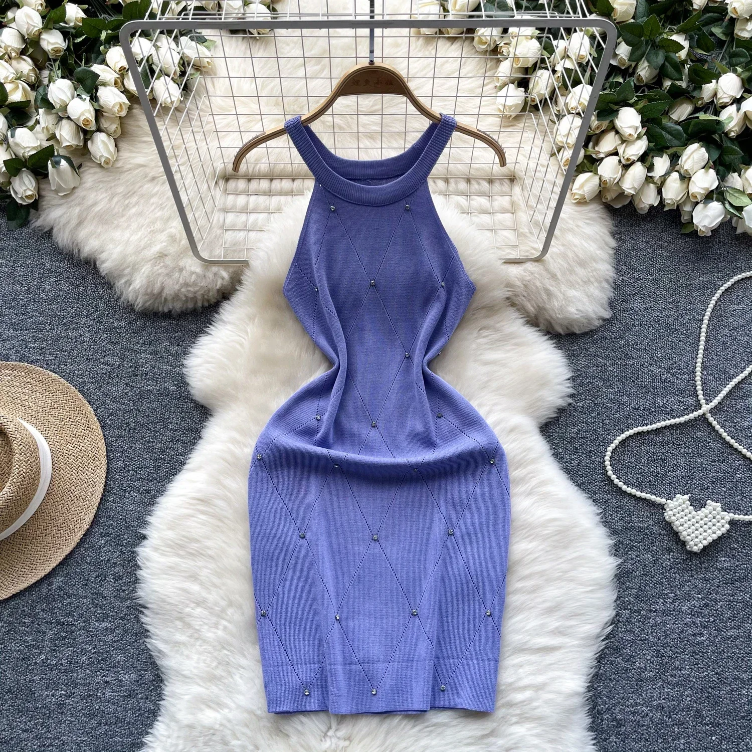 Color: Light Purple, Size: One Size - Beading Halter Women's Knitting Sheath Tank Dress Female Bodycon Knitted Camisole Sleeveless Mini Dresses For Woman Outfits