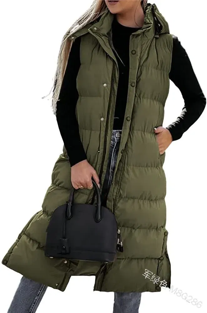Color: army green, Size: 4XL - Hooded Zipper Jacket Women Oversize Waistcoat Winter Outerwear Hooded Parka Fashion Quilted Vest Casual
