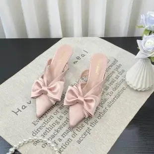Color: Pink, Shoe Size: 38 - Fairy Style Pink Cool Slippers for Women's Summer 2024 French Pointed Bow Hollow High Heels, Half Wrapped Women's Slippers