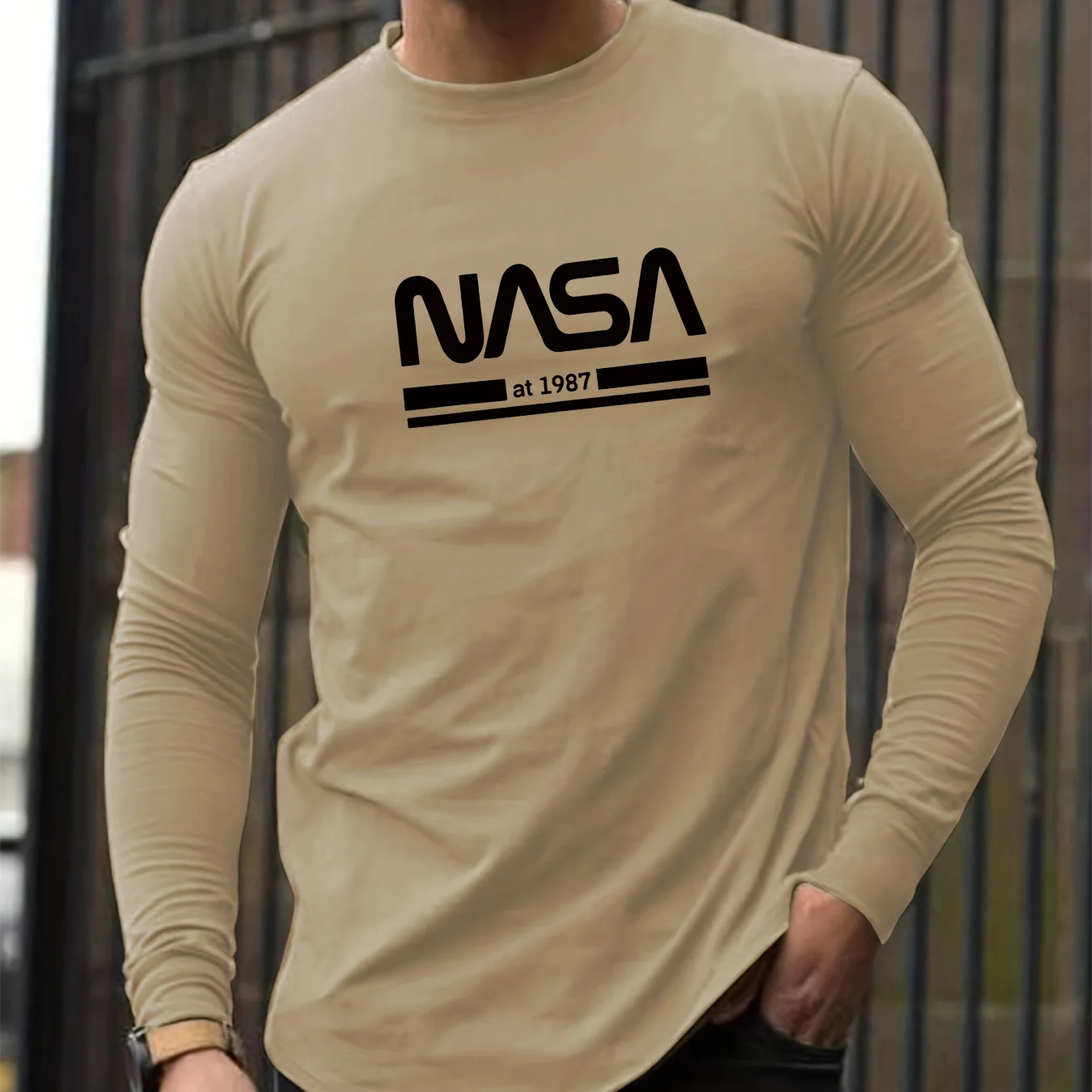 Color: Khaki, Size: L - Men's Spring and Autumn 100% Cotton Loose Comfortable Casual NASA Letter Printed Round Neck Long Sleeve T-shirt