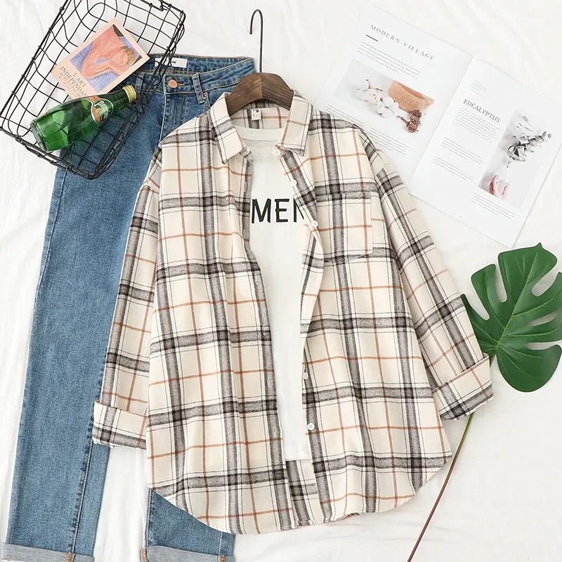 Color: Red, Size: M - Fresh Flannel Plaid Shirt Women 2025 New Female Blouses and Tops Cotton Loose Long Sleeve Casual Shirts Fine Women's Clothes