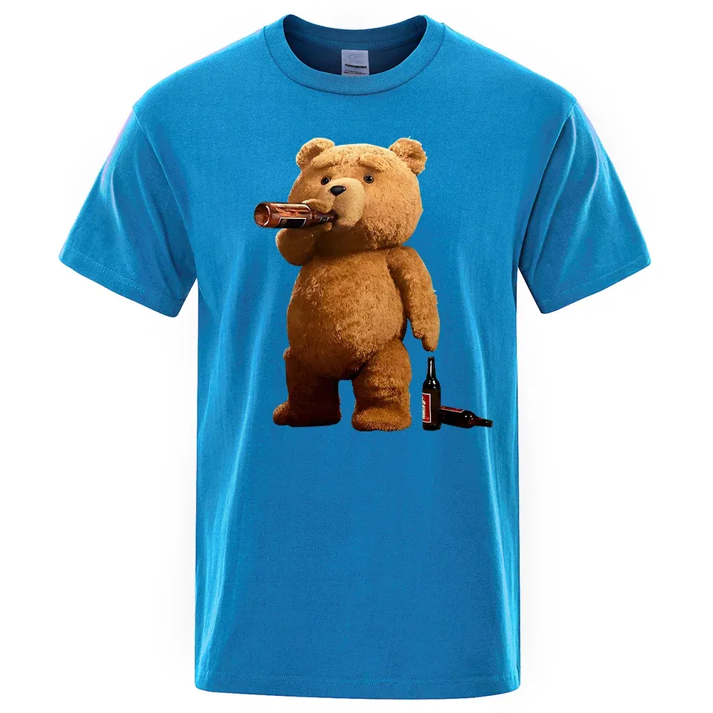 Color: SKY BLUE, Size: XXXL - Lovely Ted Bear Drink Beer Poster Funny Printed T-Shirt Men Fashion Casual Short Sleeves Loose Oversize Tee Street Hip Hop Tops