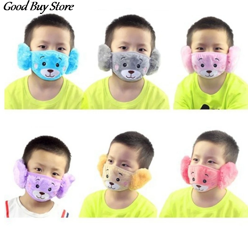 Color: Red - Cartoon Bear Earmuffs Children Autumn Winter Fur Earmuff Mouth Cover Kids Comfortable Ear Muff Ear Warmer Skiing Warm Earlap