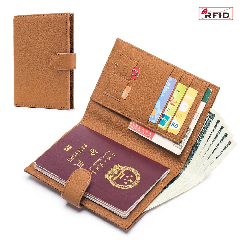 Color: GRAY - Genuine Cow Leather Passport Holder Travel Wallet with Zipper Pocket Card Holder RFID Blocking Bifold Wallet for Men and Women