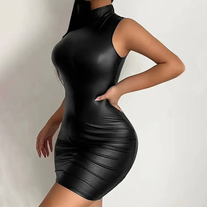 Size: XL - Women Summer Sexy Party Strapless Bodycon Pu Leather Slim Package Hip Black Club Party Mini Short Dress Sundress Female Clothing
