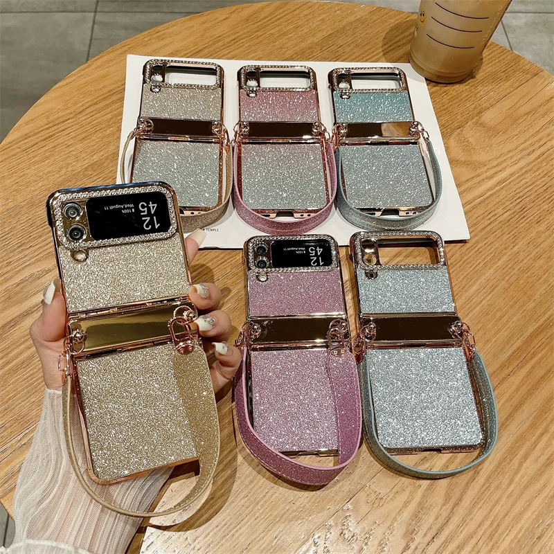 Color: Blue, Material: CANVAS - For Samsung Galaxy Z Flip 6 5 4 3 Case 3D Jewelled Diamond Luxury Gradient Bling Glitter Wrist Strap Holder Tote Bags Cover
