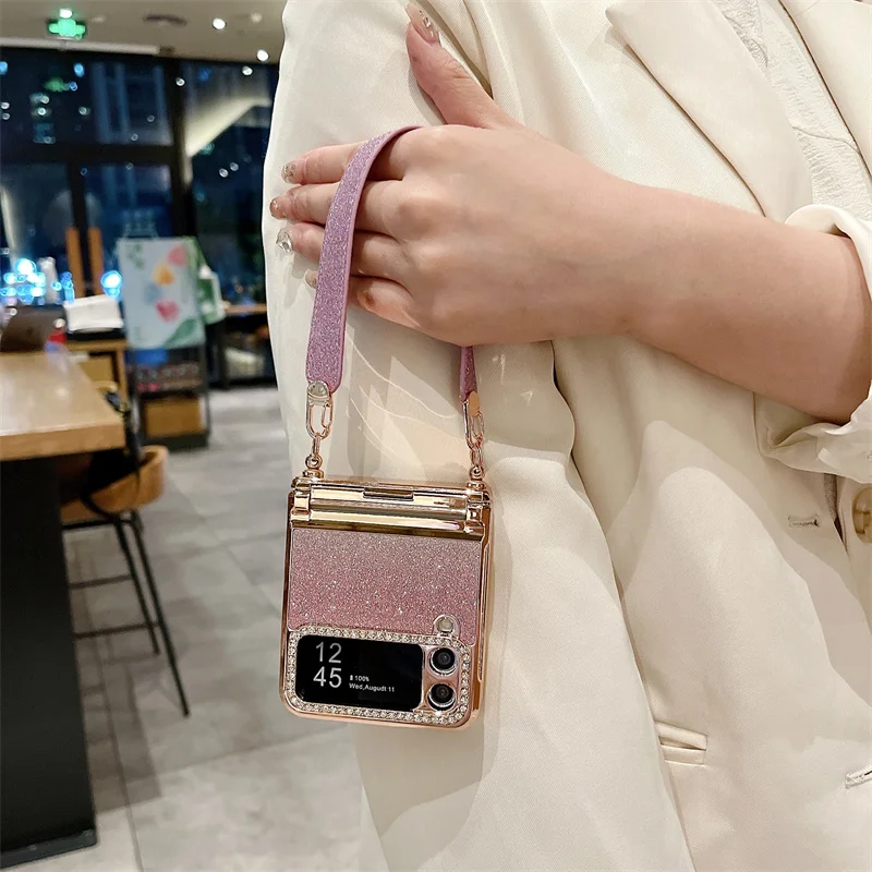 Color: Blue, Material: CANVAS - For Samsung Galaxy Z Flip 6 5 4 3 Case 3D Jewelled Diamond Luxury Gradient Bling Glitter Wrist Strap Holder Tote Bags Cover