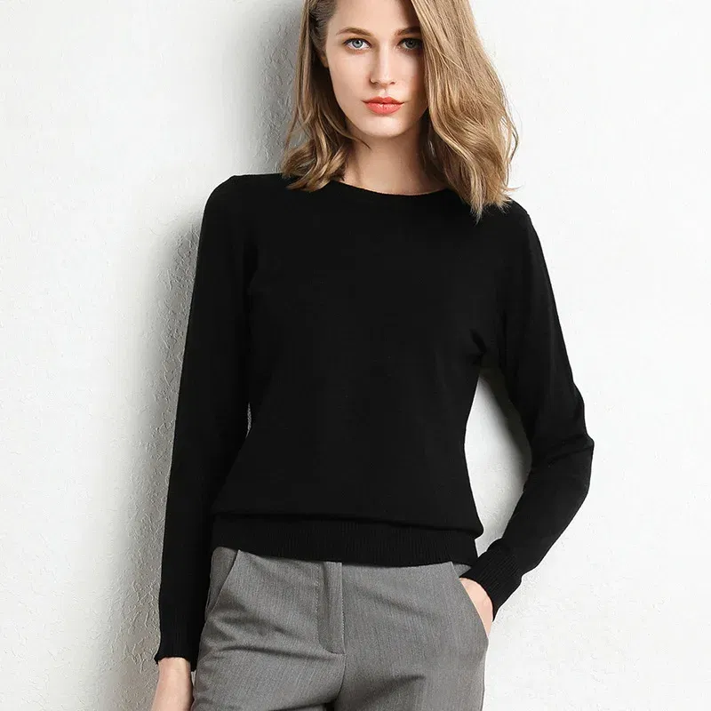 Color: black, Size: L - Women Slim O-Neck Solid Pullover Cashmere Wool Blending Sweater Autumn And Winter Long-Sleeved Knit Bottoming Shirt Large Size