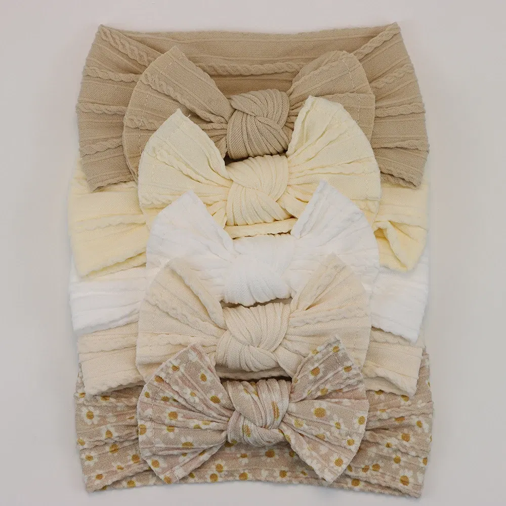 Color: Gold - 5pcs/Lot Cable Knit Bow Baby Headbands Elastic Nylon Baby Girl Headband For Children Turban Newborn Infant Kids Hair Accessories