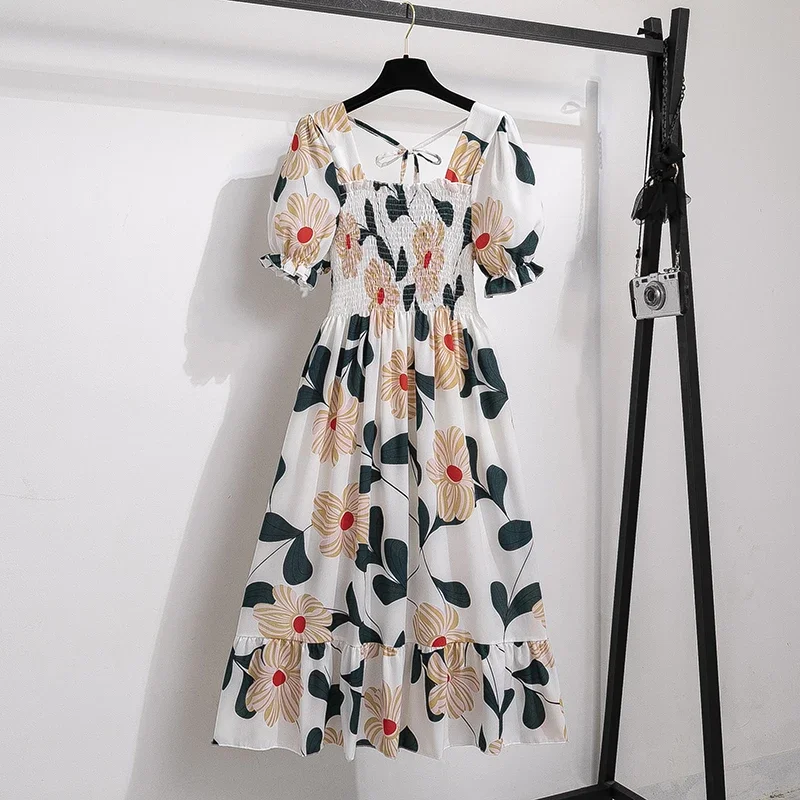 Color: Clear, Size: One Size - Spring Summer Chiffon Dresses Fashion Female Elastic Waist Short Sleeve Pleated Casual Dress Women A-line Dresses Vestidos