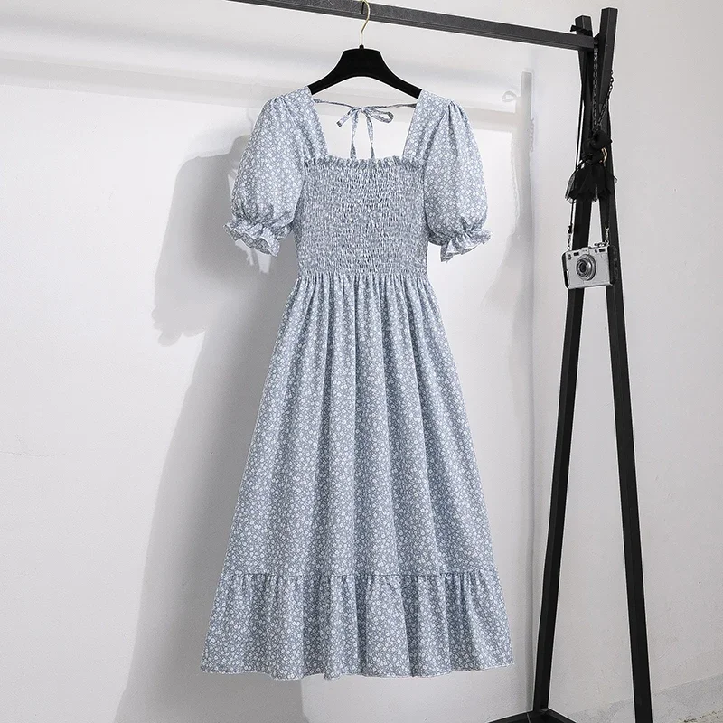 Color: Clear, Size: One Size - Spring Summer Chiffon Dresses Fashion Female Elastic Waist Short Sleeve Pleated Casual Dress Women A-line Dresses Vestidos