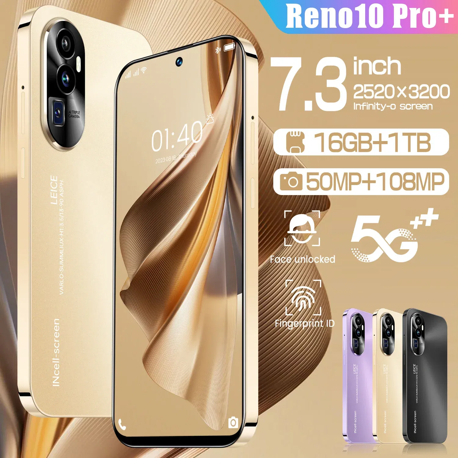 Color: Rose Golden, Bundle: Bundle 19 - 2025 New Reno 10 Pro Smartphone 7.3 inch Full Screen 5G Cell Phone 16TB+1TB 7800mAh Mobile Phones 108MP Global Version Celulares