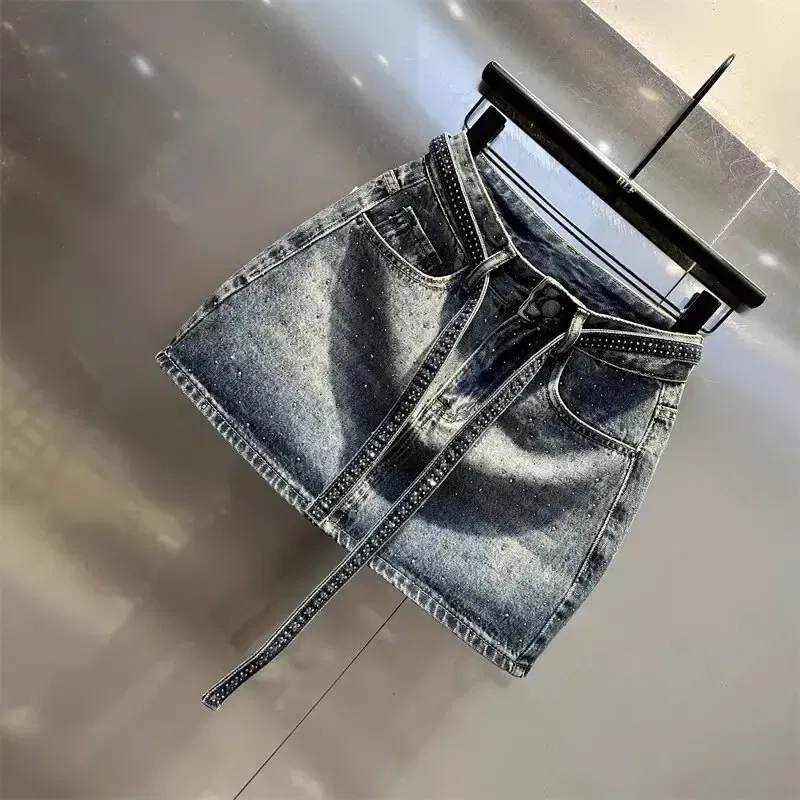 Color: black, Size: S - Oversize Retro Diamond Denim Mini Skirt for Women Summer High Waist Shiny Rivet Slim Skirts Gradient Black Grey Jean Skirts