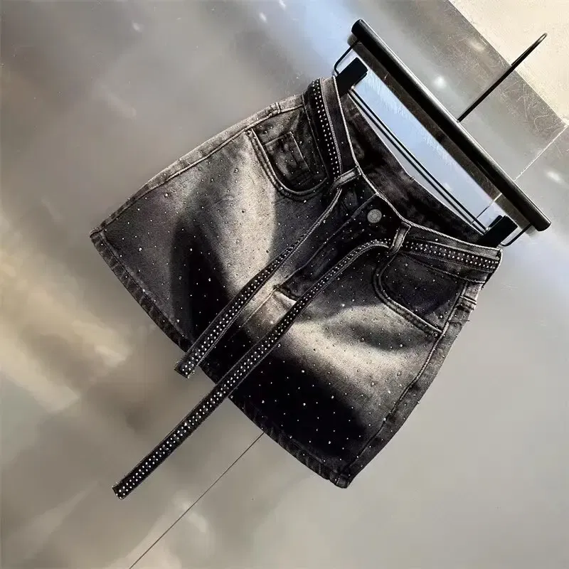Color: black, Size: S - Oversize Retro Diamond Denim Mini Skirt for Women Summer High Waist Shiny Rivet Slim Skirts Gradient Black Grey Jean Skirts