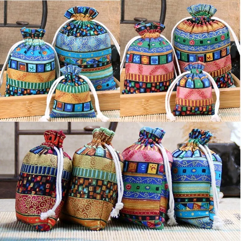 Size: M, Color: Red - 10pcs Ethnic Style Jewelry Bags Drawstring Pouch Candy Snack Gift Bag Retro Bracelet Jewelry Packaging Storage Bags