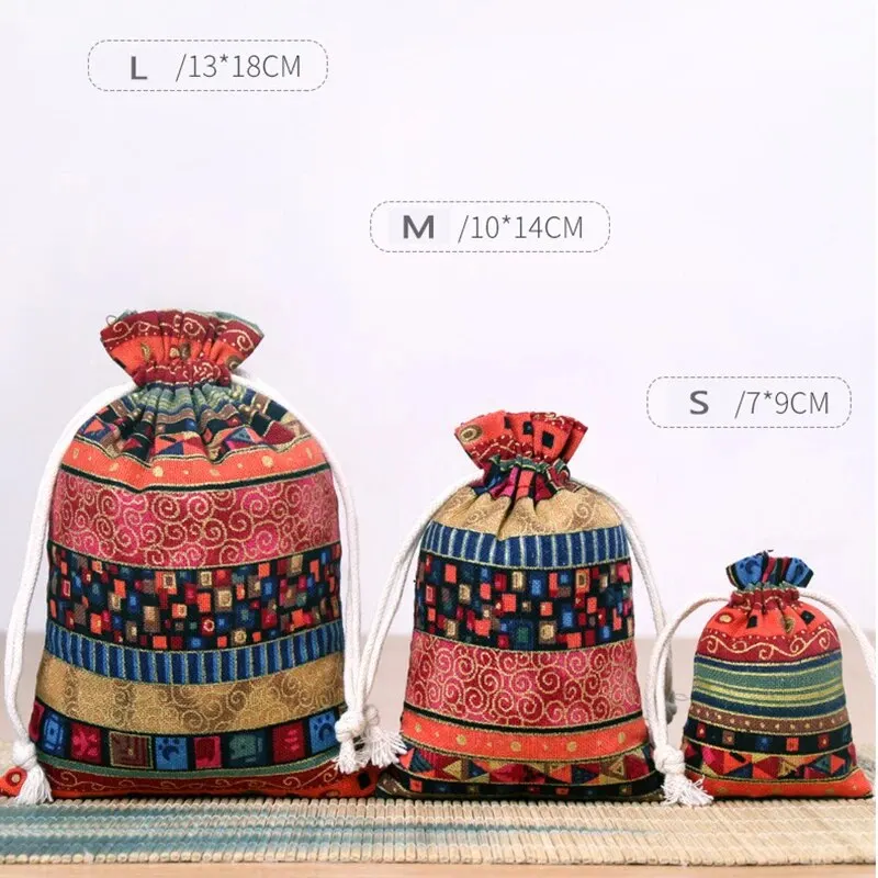 Size: M, Color: Red - 10pcs Ethnic Style Jewelry Bags Drawstring Pouch Candy Snack Gift Bag Retro Bracelet Jewelry Packaging Storage Bags