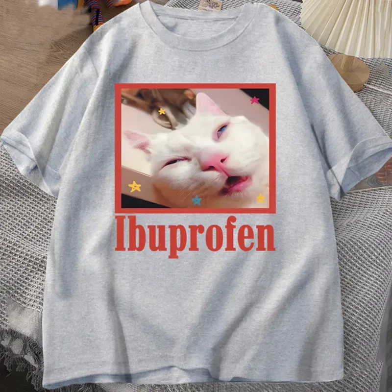 Color: GRAY, Size: XXL - Ibuprofen Cat Meme Tshirt Funny Cat Graphic Tee Cute Cat Lover Cotton T-Shirt Casual Funny T Shirts Unisex Oversized Tshirt Tee