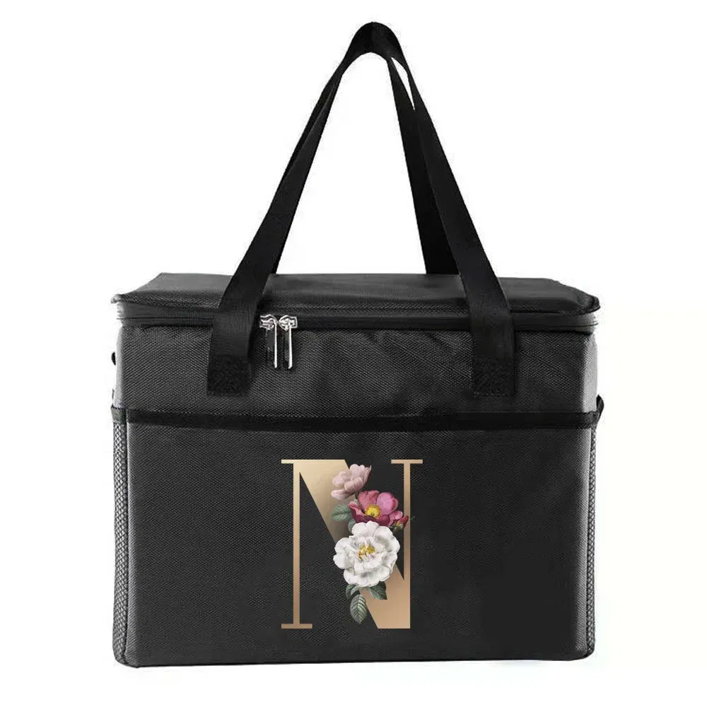 Color: Orange - Thermal Bag Portable Lunch Bags Insulated Cooler Bag Food Bento Bags Printing Gold Letter Series Travel Picnic Storage Ice Bags