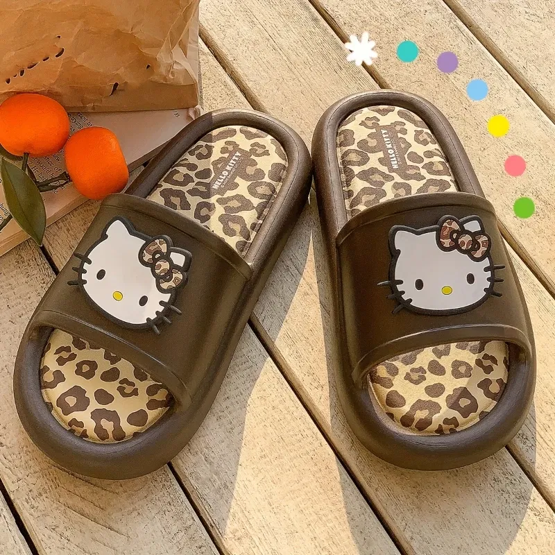 Color: Beige, Shoe Size: 36-37 - Miniso Hello Kitty Cute Leopard Print Slippers Trendy Open-Toe Slide Sandals in Chic Two-Tone Design Comfortable EVA Material