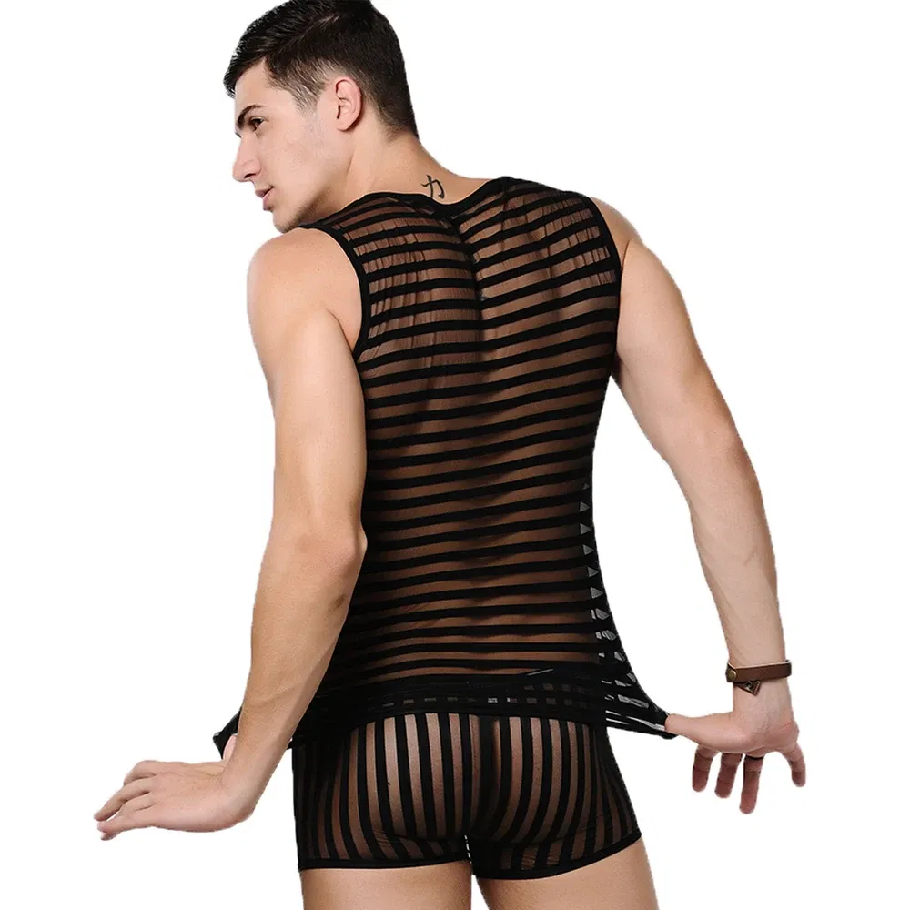 Color: black, Size: L - Striped Transparent Tank Top Black Sexy Mesh Tops Men Clothing Gym Quick Dry Vests Fashion Casual Summer Sleeveless Solid Top