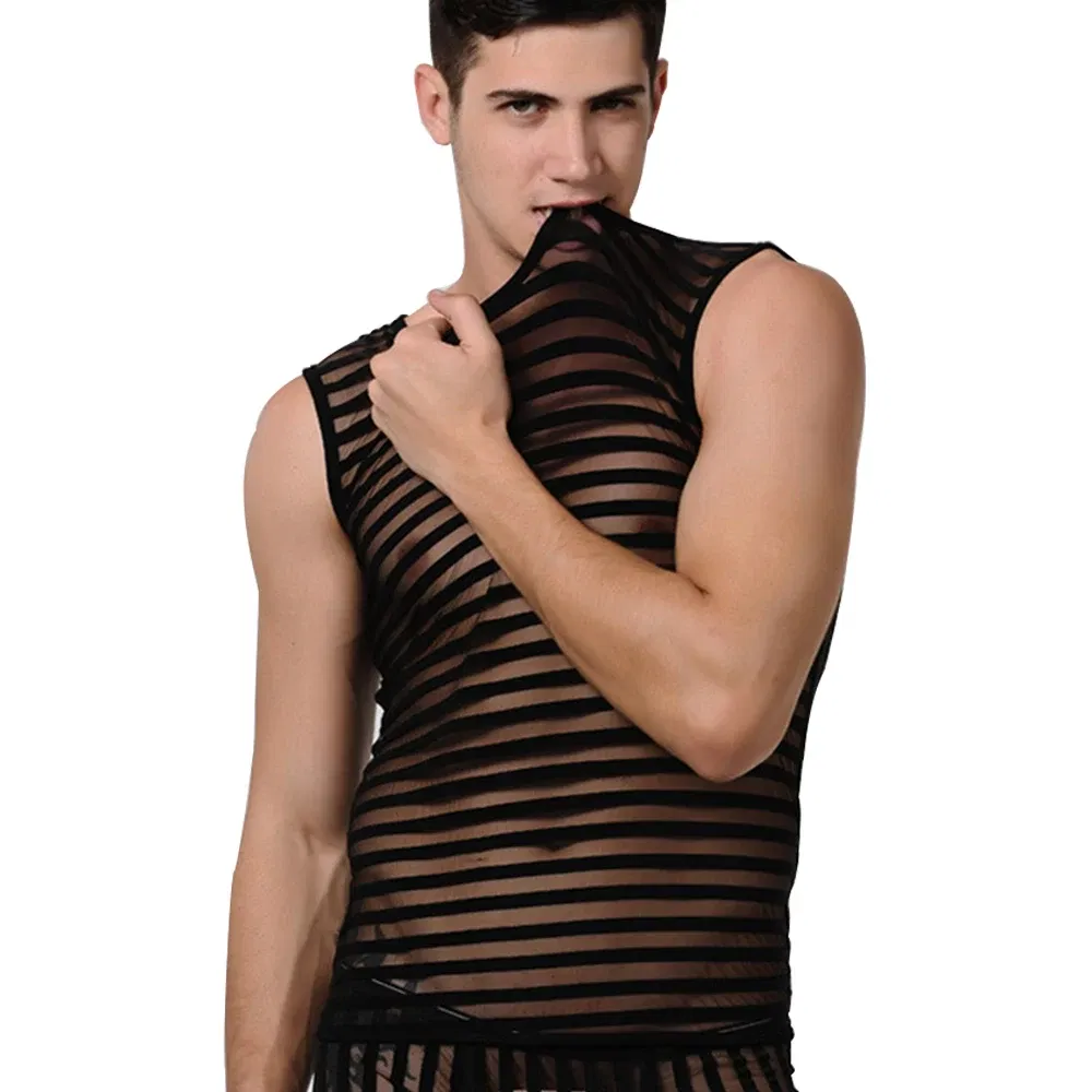 Color: black, Size: L - Striped Transparent Tank Top Black Sexy Mesh Tops Men Clothing Gym Quick Dry Vests Fashion Casual Summer Sleeveless Solid Top
