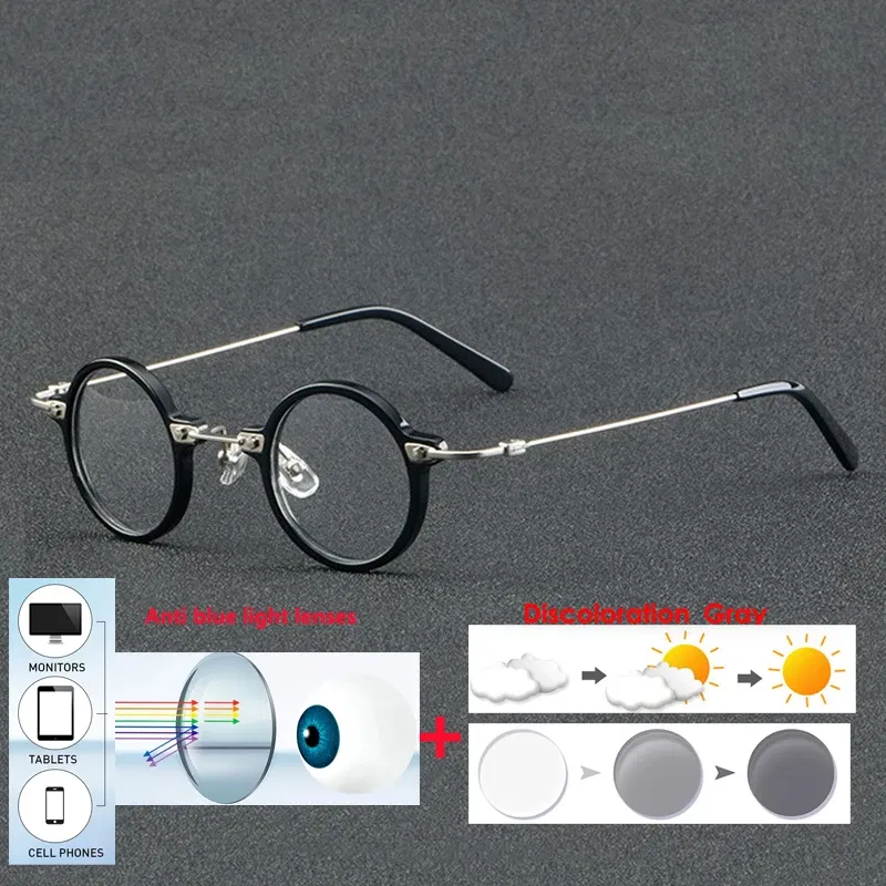 Frame Color: black, Eye Prescription: +550 - VCKA Anti-blue Discolor Acetate+Titanium Myopia Glasses Frames Small Round Men Prescription Optical Women Eyewear -0.50 to -10.0