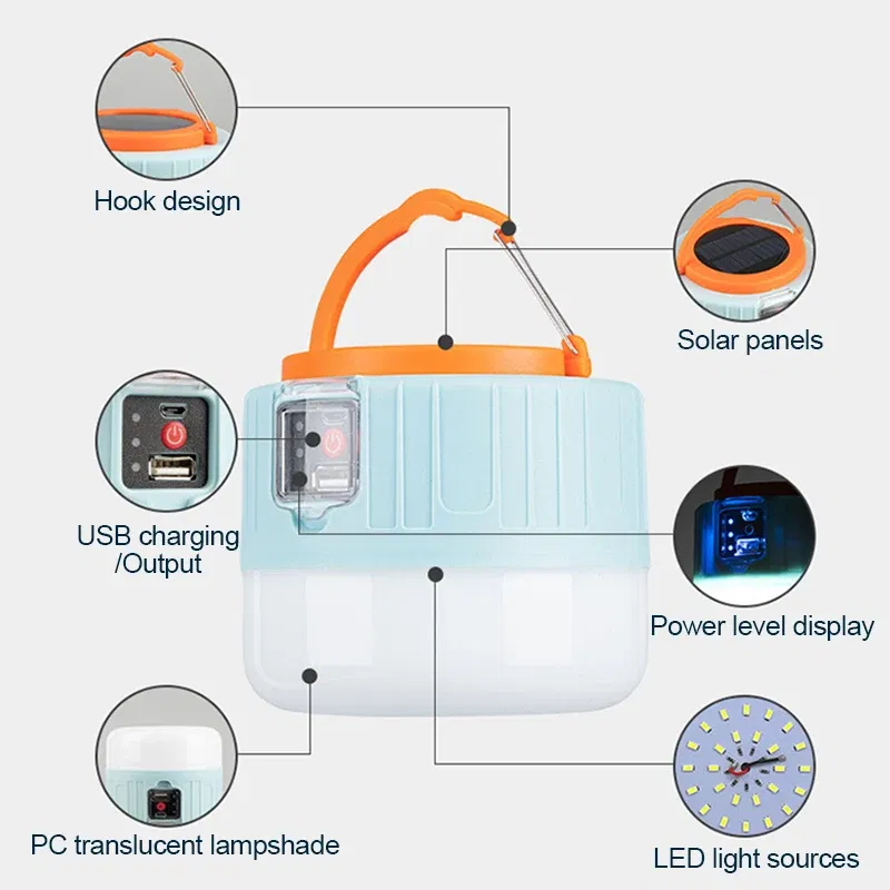 Wattage: 4.5 W - Solar LED Camping Light USB Rechargeable Tent Lamp Outdoor Waterproof Emergency Lights Portable Lanterns Energy Saving Bulb