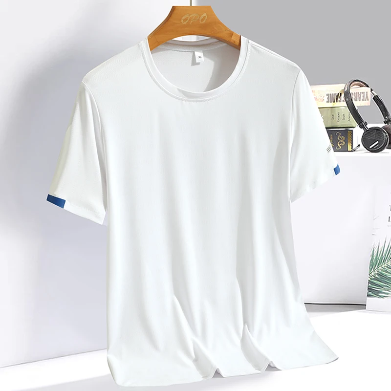 Color: Ivory, Size: L - Men's Silk Ice Round Collar T-shirt, Simple Running Fitness Suit, Breathable Thin T-shirt, Quick Dry T-shirt, Summer