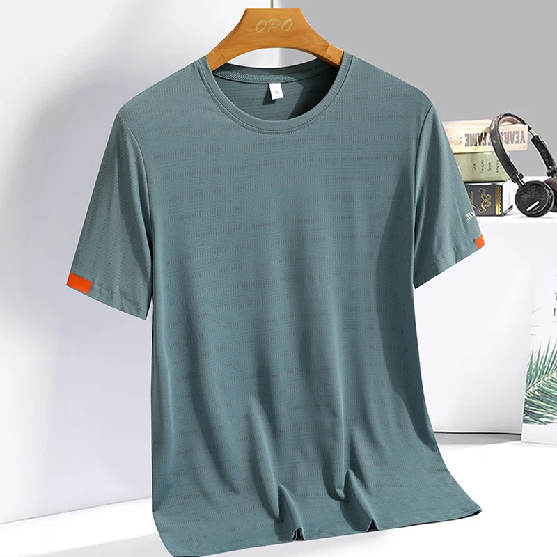 Color: Ivory, Size: L - Men's Silk Ice Round Collar T-shirt, Simple Running Fitness Suit, Breathable Thin T-shirt, Quick Dry T-shirt, Summer