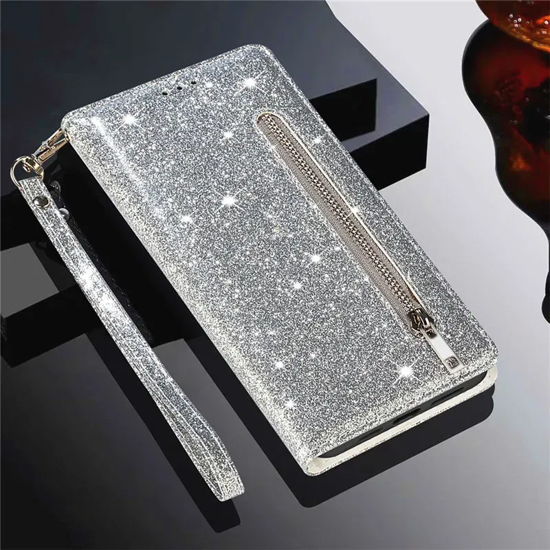 Color: Silver, Material: Wood - Zipper Flip Wallet Glitter Leather Case for iPhone 16 15 14 13 12 11 Pro Max XS XR 8 7 Plus SE 2022 Mini Bling Stand Phone Cover