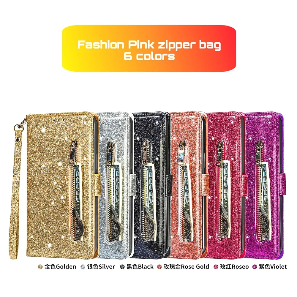 Color: Silver, Material: Wood - Zipper Flip Wallet Glitter Leather Case for iPhone 16 15 14 13 12 11 Pro Max XS XR 8 7 Plus SE 2022 Mini Bling Stand Phone Cover