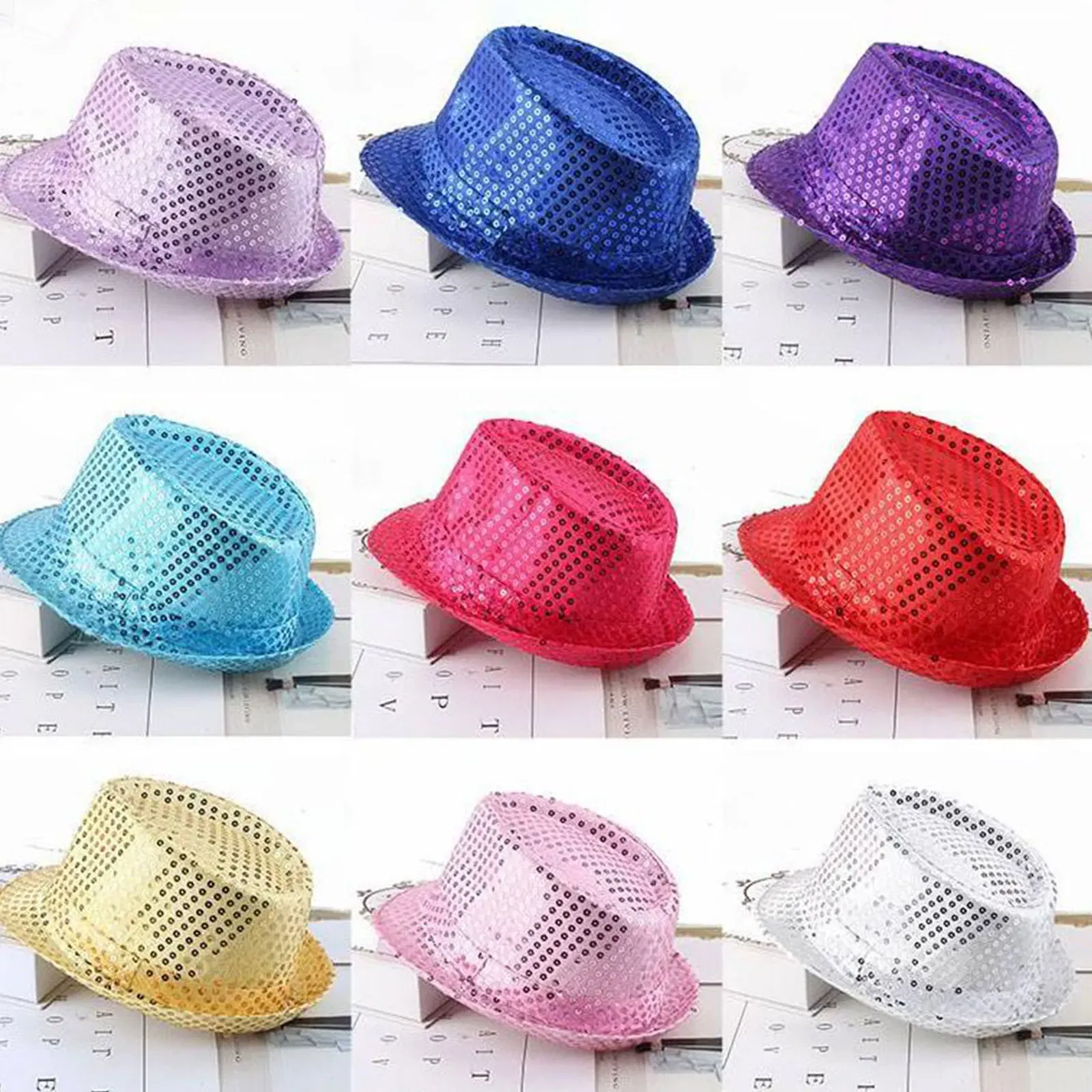 Color: MULTI - 12 Colors Men's Women's Jazz Hat Sequins Retro Disco Funky Glitter Costume Unisex Novelty Christmas Party Prop Charming Hat